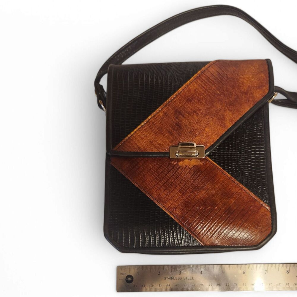 Crossbody purse, Shoulder Bag Leather Brown Black Purse Chevron Crocodile emboss